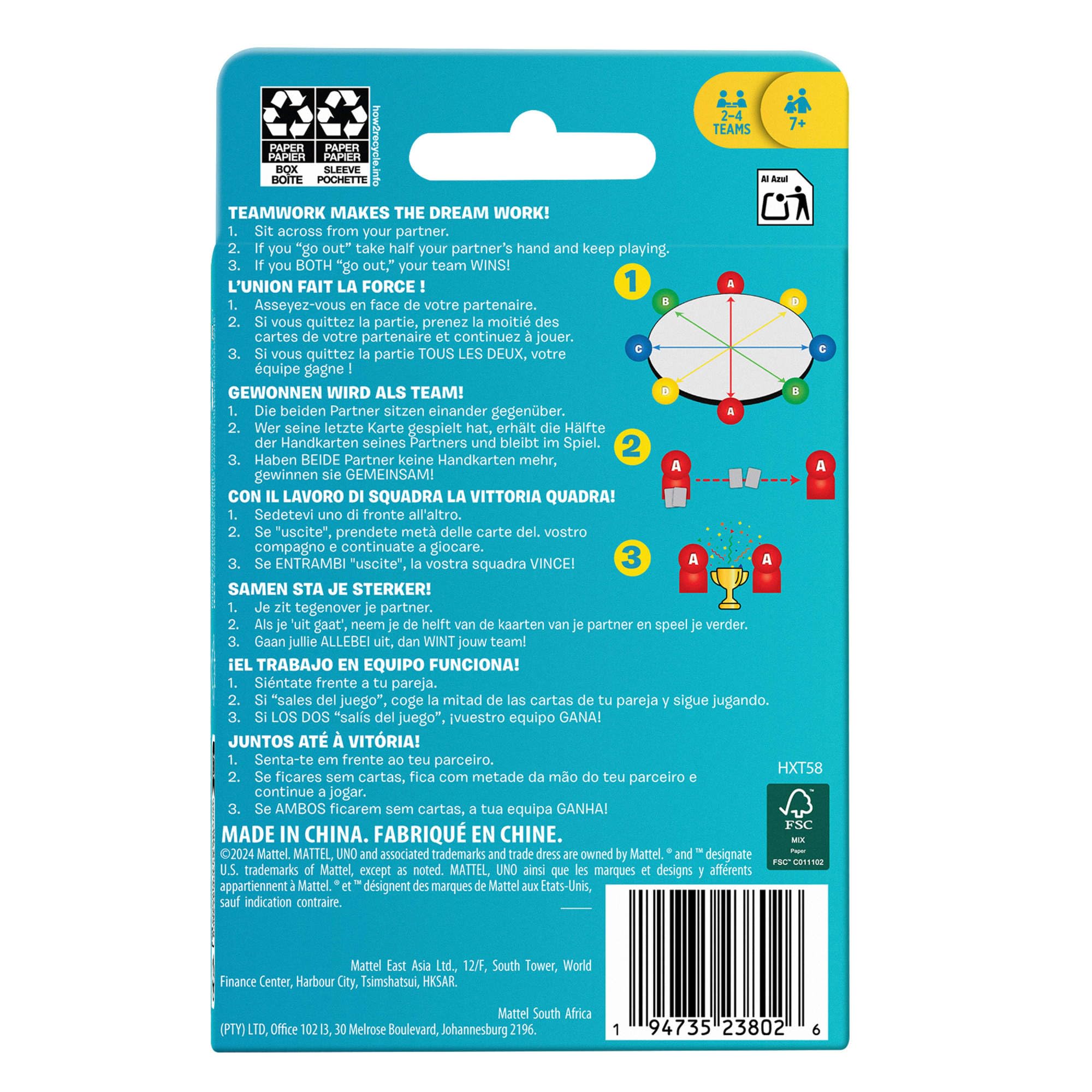 Mattel Games UNO Teams Kartenspiele für Kinder, Erwachsene und Familienabende, Partys und Reisen mit Sonderregeln für das Spielen in Zweierteams, HXT58 6