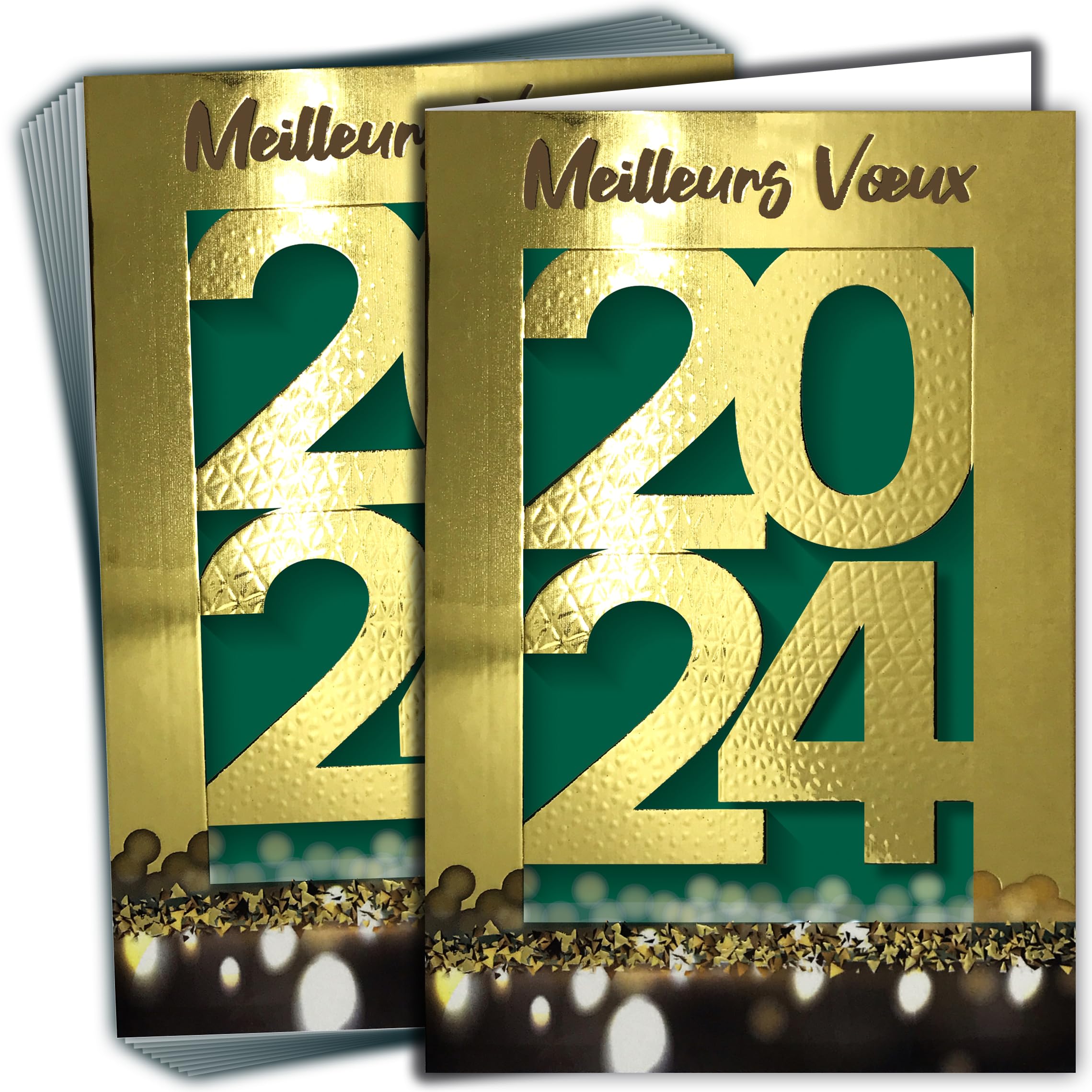 LOT10-61-5819 Set of 10 Gold Greetings Cards + 10 Envelopes 17.5 x 12 cm Large Number Numbers Shiny Shiny Sparkling Gold with White Interior Made in France