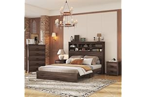 XD Designs Farmhouse 4-Pieces Bedroom Sets, Queen Size Platform Bed with 2 Storage Nightstands and Dresser, Vintage Wooden Platform Bed Frame with Storage Headboard and Charging Station (Walnut)