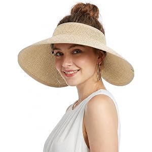 GADIEMKENSD Wide Brim Sun Hat for Women, UPF50 Straw Sun Visor with Ponytail-Friendly, Packable Beach Hat for Travel Vacation