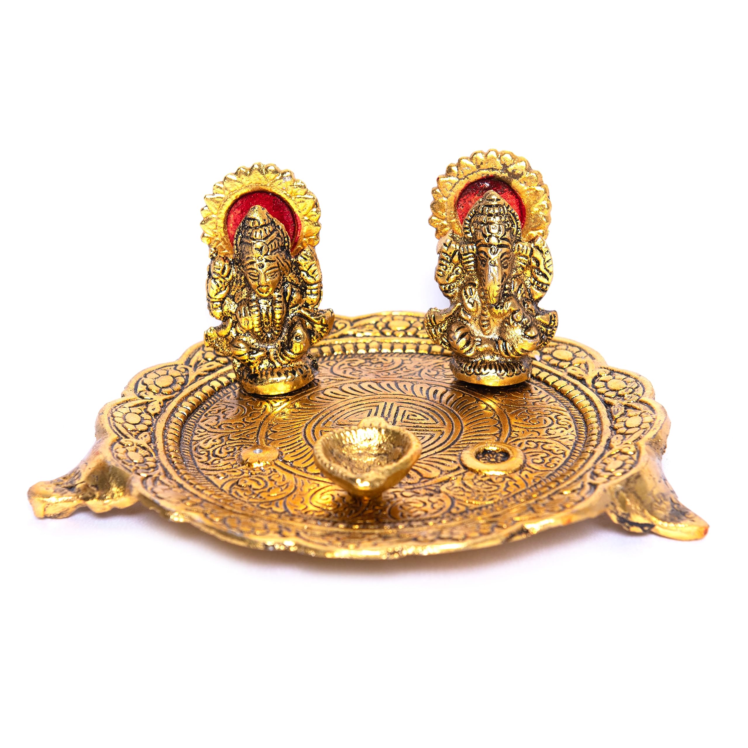Wonder Care Aluminium Golden Color Plated Laxmi Ganesha Idol with Platter Plate for Puja Diwali Gift Items Deepawali Decorations Indian Dhanteras Pooja Statue Thali (Golden-Large)