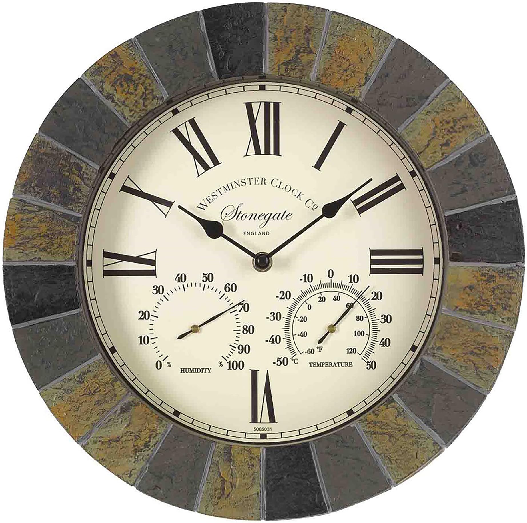 WyegateSlate Effect Outdoor Clock with Thermometer and Hygrometer Weather Resistant Roman Numerals & Quartz Accuracy (Dark Slate)