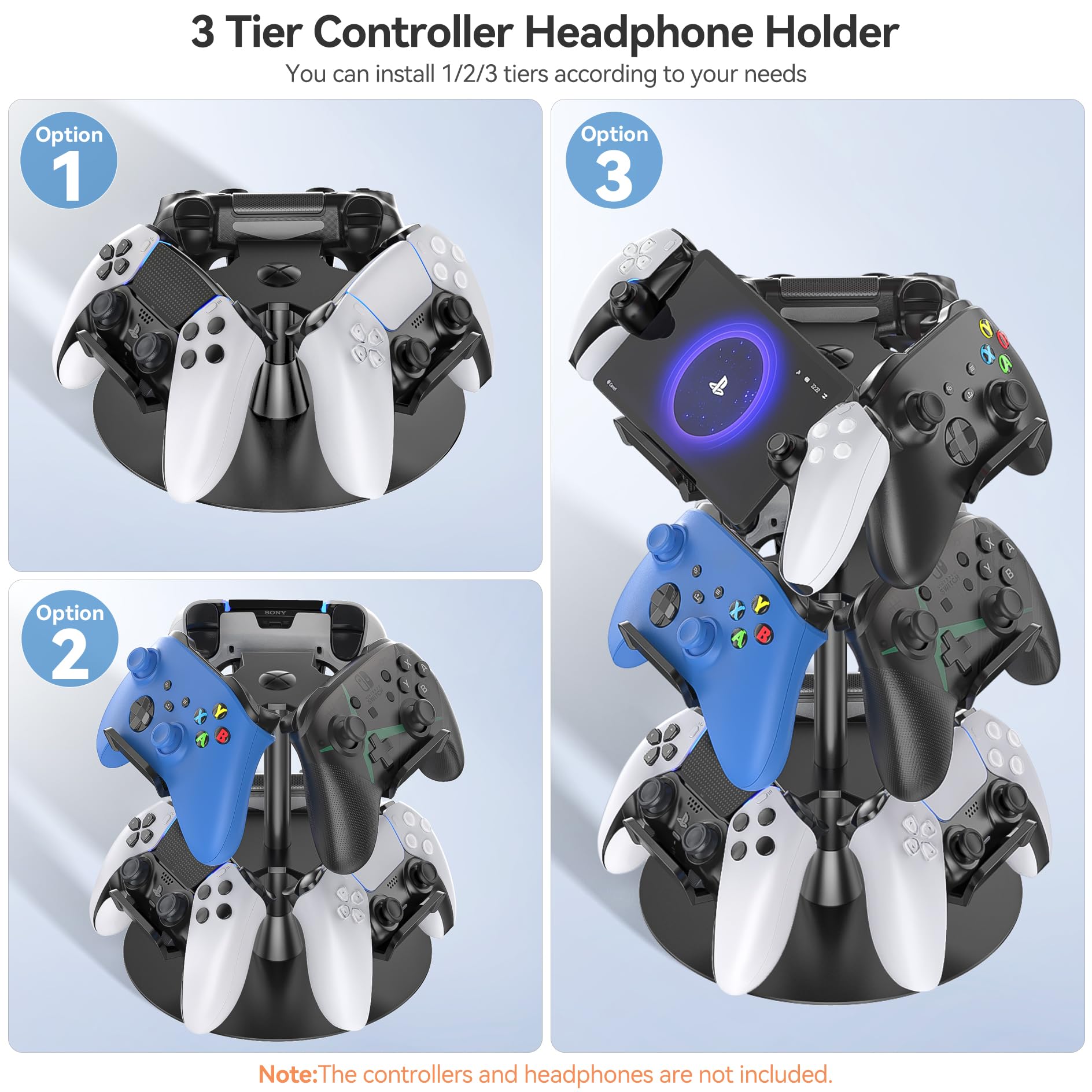 Controller Halter für Tisch, drehbarer Spiel Kopfhörer Halterung, kompatibel mit PS5/PS4/Xbox/Switch/PS Portal, universeller Spieler Zubehör Headset Stand für 9 Controller Storage (Schwarz,3 Stück) 2