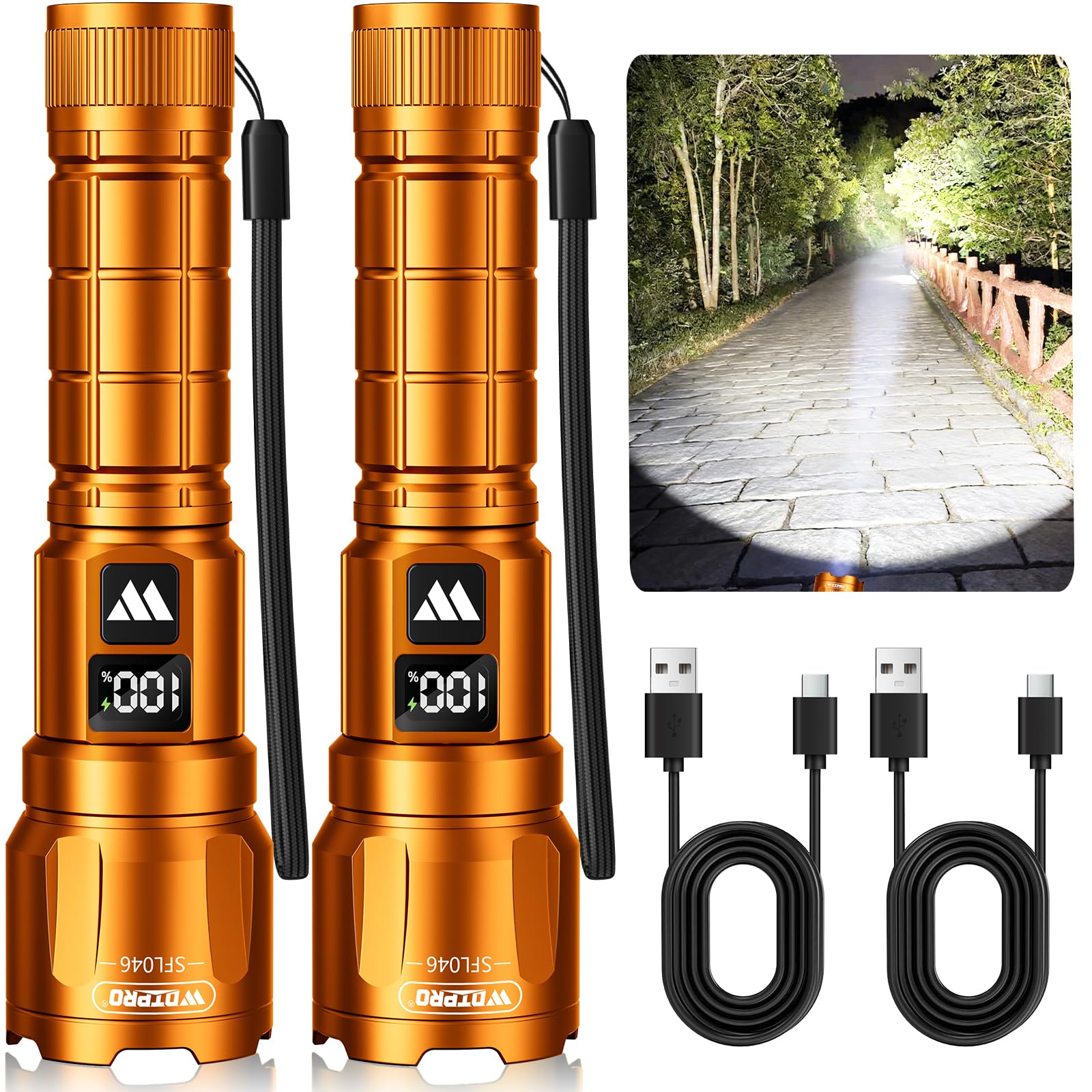 WdtPro LED Rechargeable Flashlight 2 Pack, Super Bright Zoomable 6000 Lumens Tactical Flashlight with LCD Digital Display, 3 Mode Waterproof Flash Light for Camping, Hunting & Home Emergency - Orange Image