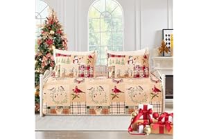 Jarson 3-Piece Christmas Daybed Cover Set,Twin Xmas Daybed Bedding Sets,Patchwork Daybed Comforter for New Year Bed Decor,Santa Snowman Holiday Daybed Bedding with Matching Shams,39"x75"(Red Beige)