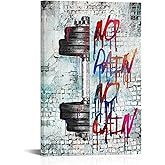 iHAPPYWALL Vintage Inspirational Fitness Quotes Wall Art No Pain No Gain Dumbbells Gym Sport Picture for Home Bodybuilding Room Bedroom Decor Ready to Hang 24x36inch (Grey)