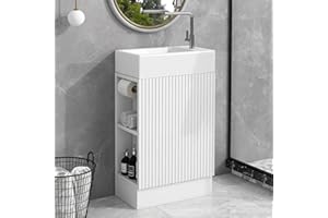 P PURLOVE 18.6" Small Bathroom Vanity with Sink,Single Narrow Bathroom Vanities with Toilet Paper Holder & 1 Door,Solid Wood Bathroom Cabinet with Sink,White