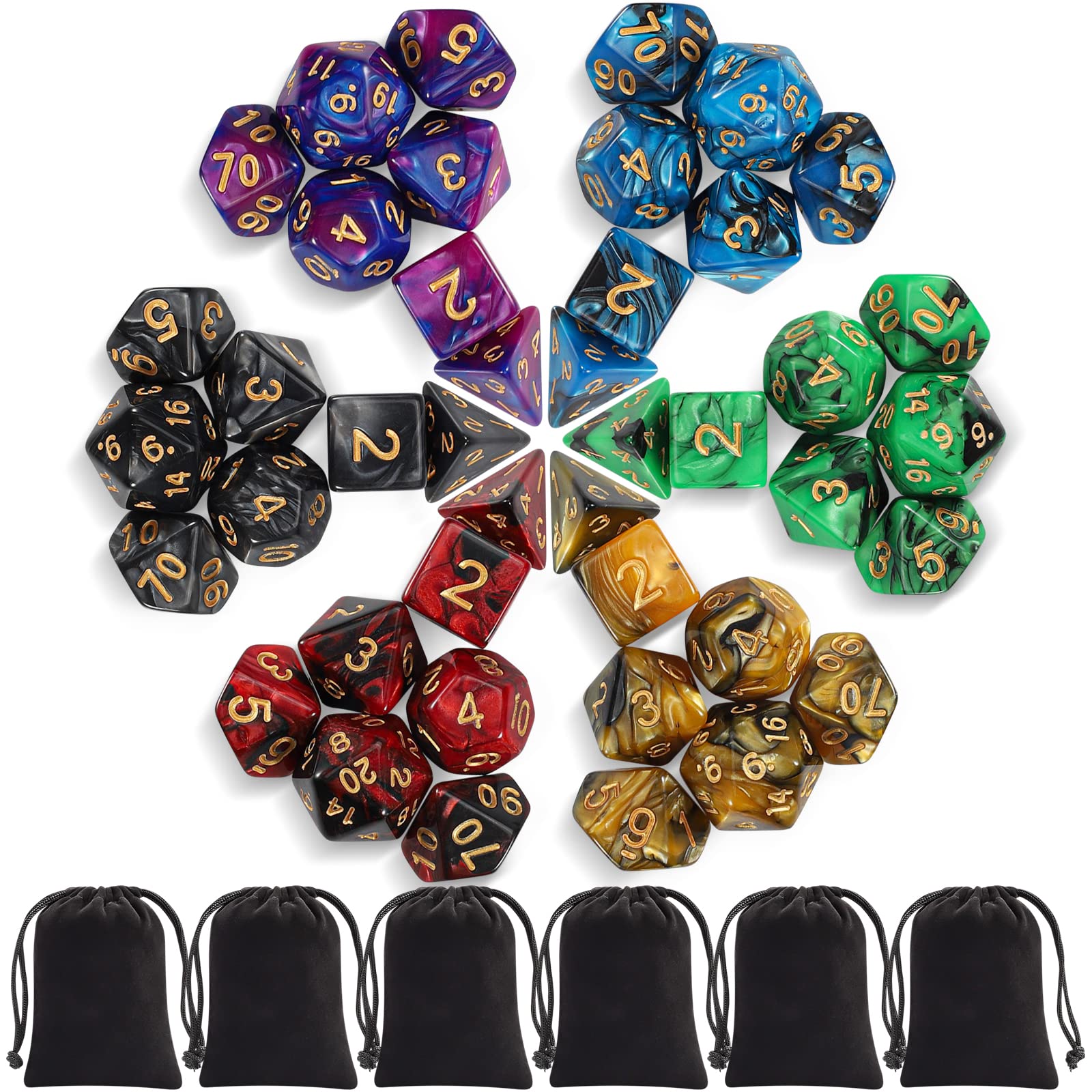 iFergoo 6 x 7 (42 Pieces) Polyhedral Dice, Double Colors Polyhhedral Game Dice for Dungeons and Dragons DND RPG MTG D20 D12 D10 D8 D6 D4 Table Game with 6 Pack Black Pouches