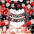Recosis Red and Black Birthday Decorations, Happy Birthday Banner, Confetti Balloons, Fringe Curtain, Heart Star Foil Balloons, Hanging Swirls for Women Girls Birthday Princess Party Decorations