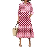 ANRABESS Women Summer Dress 2026 3/4 Puff Sleeve Polo V Neck Floral Print Casual Boho Shirt Maxi Dress Beach Vacation Clothes