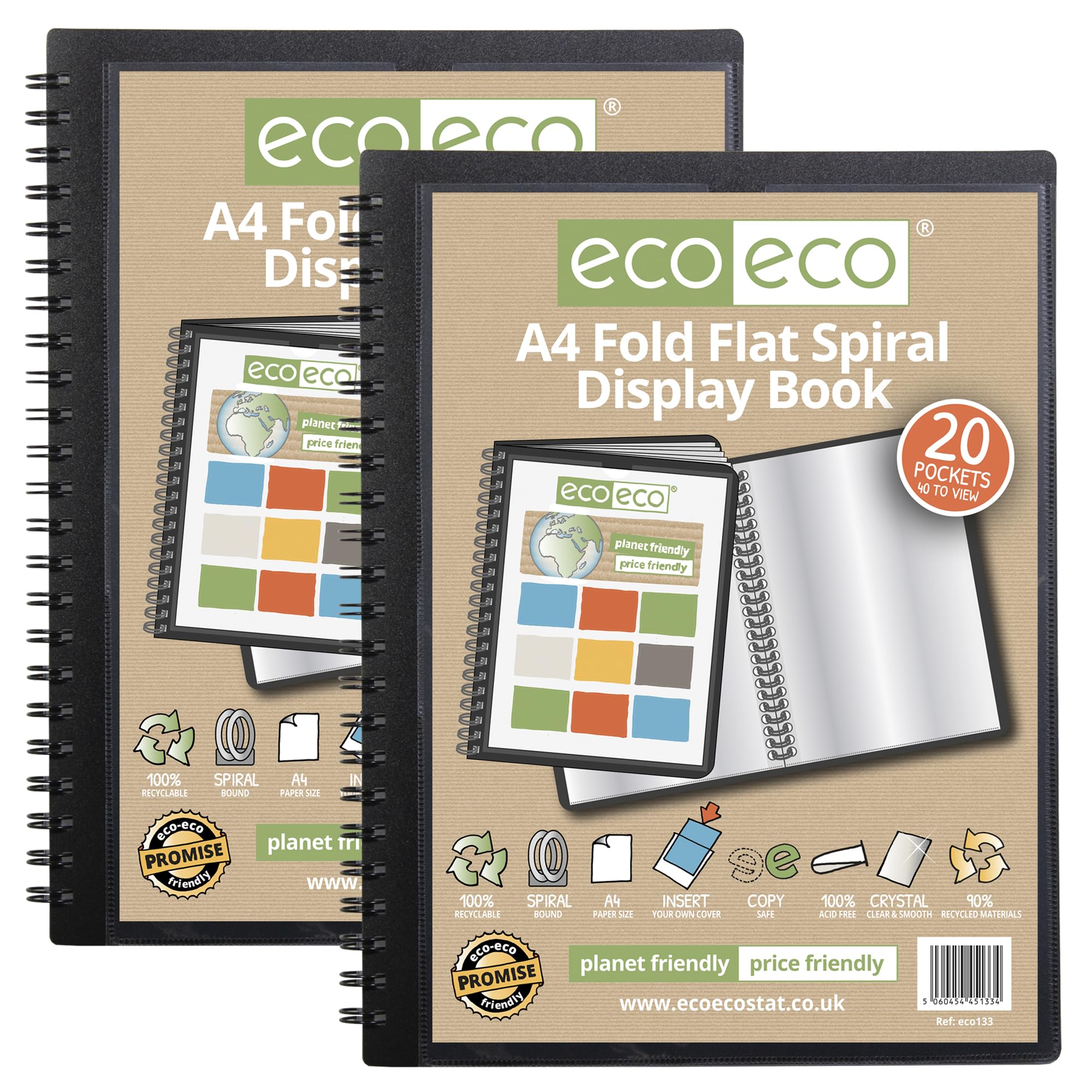 eco-eco A4 50% Recycled 20 Pocket Fold Flat Spiral Bound Display Book, Pack of 2, eco133x2