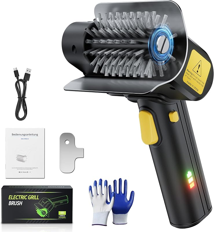 Spazzola elettrica per barbecue all'aperto, ricaricabile, 1100 giri/min, durata di 100 minuti, spazzola di ricambio inclusa, sicura per tutti i barbecue, regalo per uomini