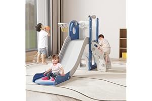 kinbor 6 in 1 Toddler Slide PlaySet - Indoor Outdoor Fun for Kids Ages 1-3, Includes Basketball Hoop, Telescope, Storage & Climber, Safe, Sturdy Baby Slide for Backyard Playground, Blue