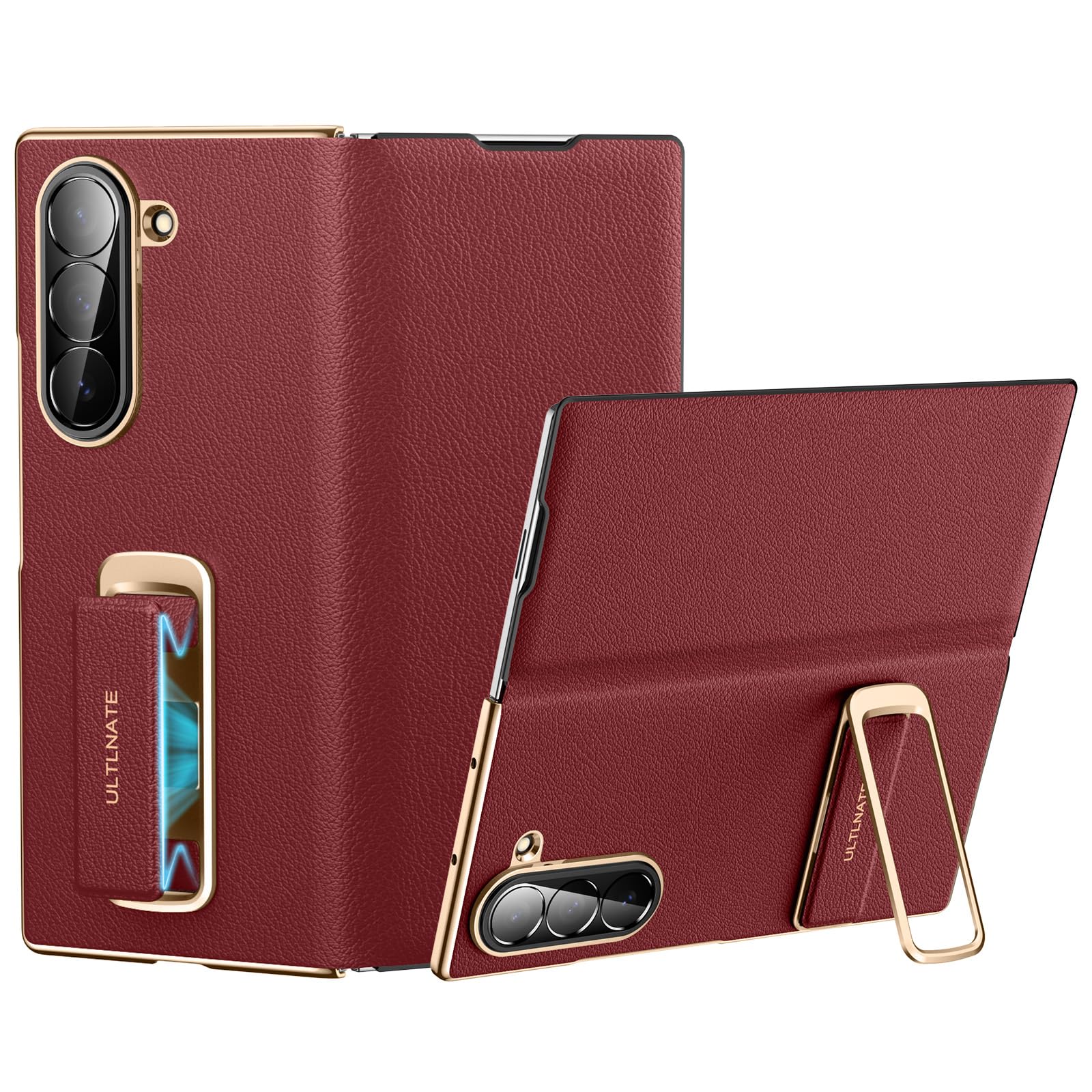Photo 1 of zifiuzem Magnetic Leather Case for Samsung Galaxy Z Fold 6 with Rotating Kickstand & Wrist Strap, Premium Vegan Leather & Full Hinge Camera Protection, All-Around Shockproof Protection Cover, Red