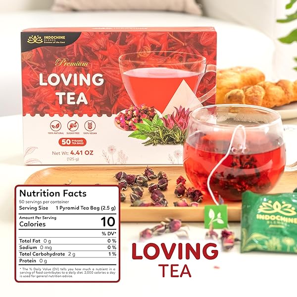 INDOCHINE BLENDS LOVING TEA | HIBISCUS FLOWER, ROSE TEA, ROSEMARY TEA, AND BLACK TEA | 2G X 50 TEA BAGS| SUGAR-FREE, CAFFEINE-FREE HERBAL TEA | PYRAMID CHAMBER TEA BAGS | RICH IN NATURAL GOODNESS AND FLAVOR