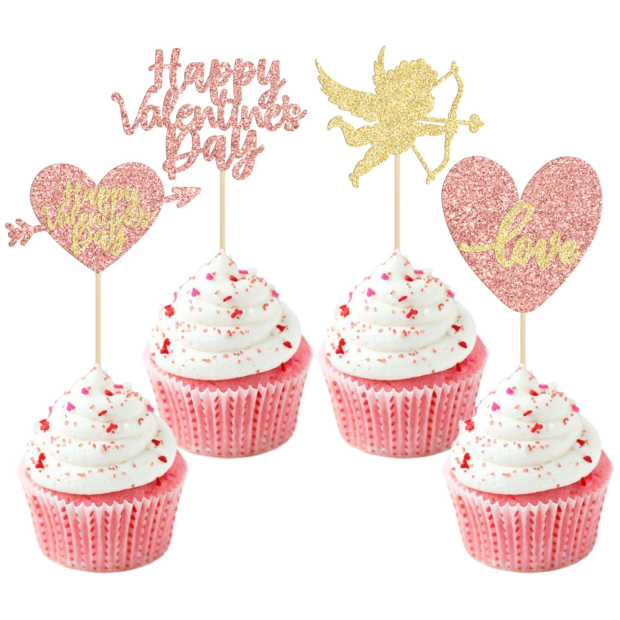 Gyufise 24 Pack Rose Gold Glitter Happy Valentine Day Cupcake Toppers Love Heart Cupcake Toppers for Valentine Theme Wedding Engagement Bridal Shower Party Cake Decorations