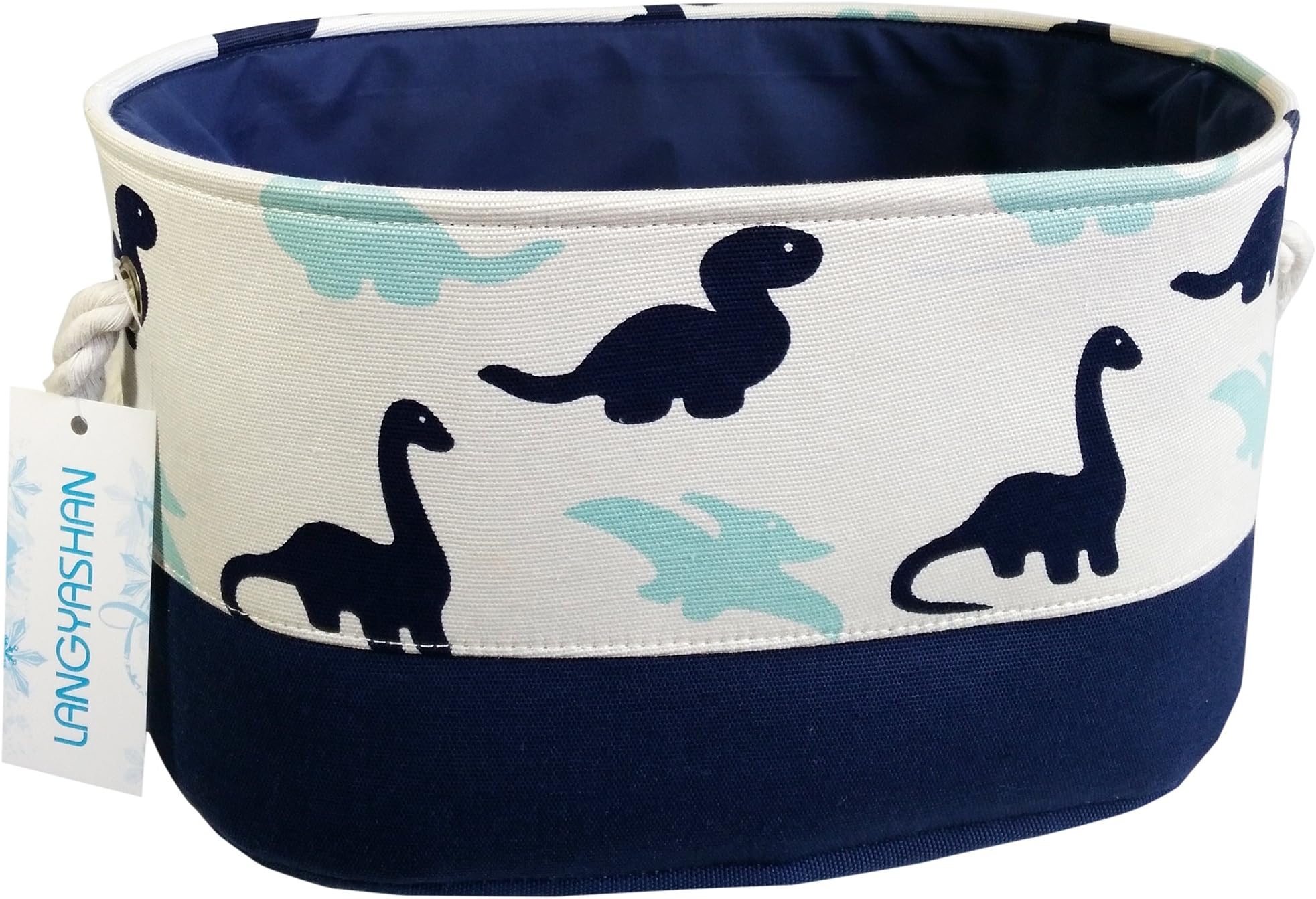 LANGYASHAN Oval Storage Basket Collapse Canvas Fabric Cartoon Storage Bin with Handles for Organizing Home Kitchen Boys and Girls Toy Office Closet Shelf Baskets (Dinosaur)