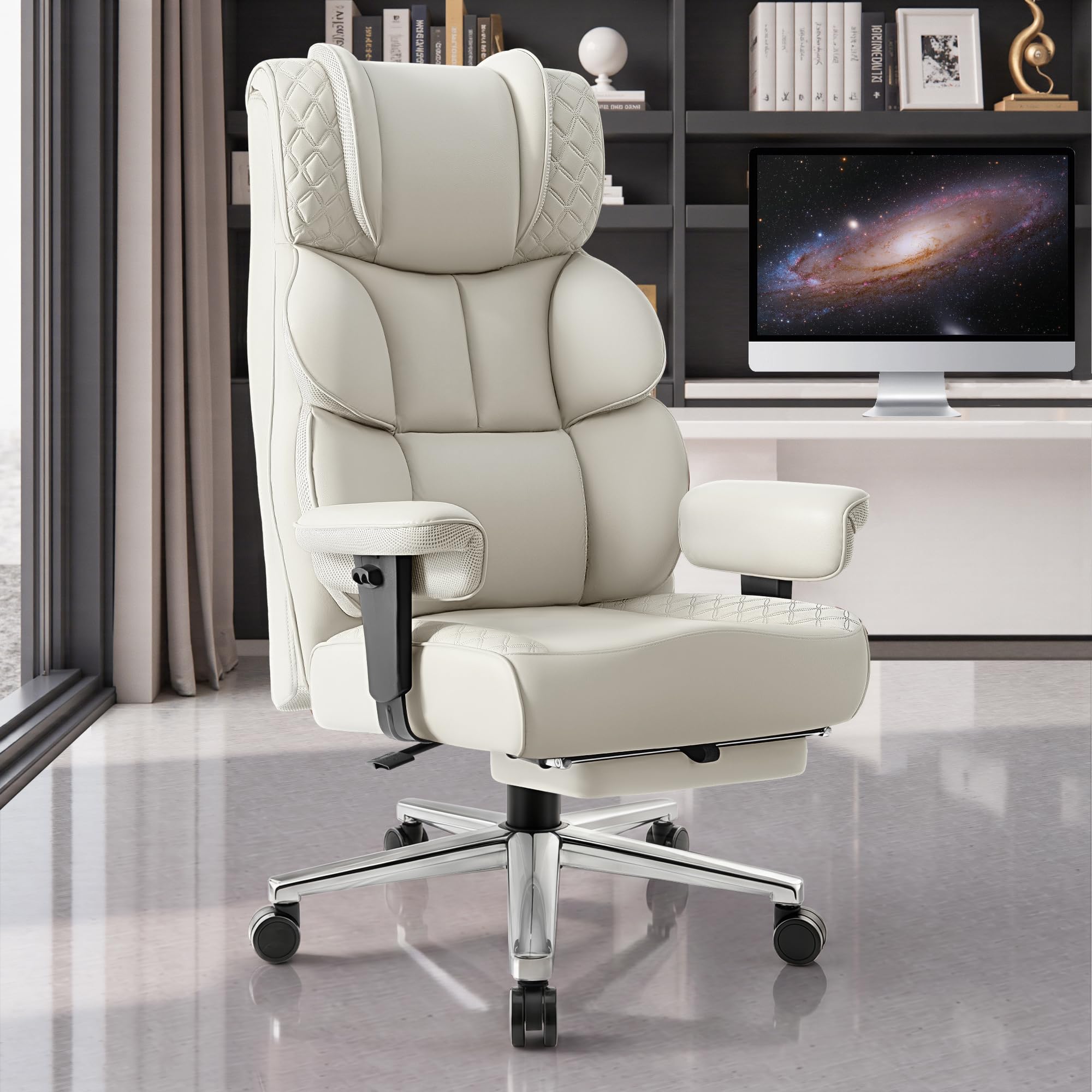 BestGlory Silla de escritorio de oficina, silla de juegos de cuero grande y alta con reposapiés, sillas ergonómicas y cómodas ejecutivas reclinables para computadora con respaldo alto, ruedas giratorias anchas y soporte lumbar acolchado, color blanco