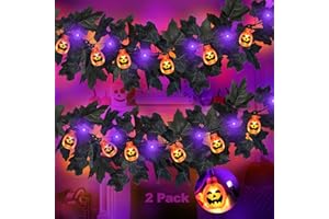 FLYSNK 2 Pack Halloween Black Garland Decorations with 20 3D Pumpkin, Total 13 Ft 40 LED Orange & Purple Lights Halloween Hanging Artificial Garlands Battery Operated Lights Decor for Home Indoor Outdoor