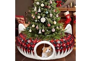 CORALMEE Cat Tunnel Christmas Tree Skirt, Cat Tunnel Bed with Hanging Toy Ball, Black Red Buffalo Plaid Cat Cave Donut Christmas Decorations, Foldable Kitty Tunnel for Indoor Kittens Small Animall