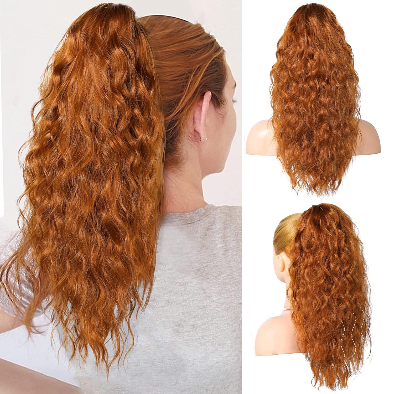 PORSMEER Ponytail Extension,Claw Clip Ponytail Hair Extensions Copper Orange Natural Looking Long Curly Wavy Multi Layered Fluffy Synthetic Hairpiece for Women Girls Party Daily Wear 18inch