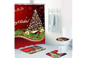 Uspring 4 Pcs Merry Christmas Shower Curtain Sets with Non-Slip Rugs, Bath Mat, Toilet Lid Cover and 12 Hooks, Xmas Tree Ball Snowflake Red Shower Curtain for Christmas Decoration