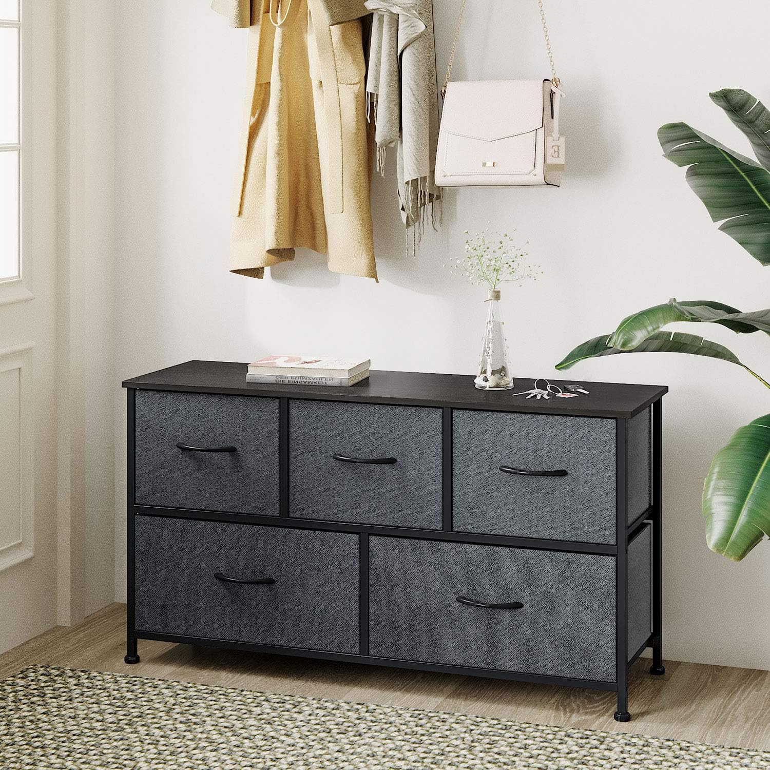 WLIVE Dresser with 5 Drawers, Dressers for Bedroom, Fabric Storage Tower, Hallway, Entryway, Closets, Sturdy Steel Frame, Wood Top, Easy Pull Handle -