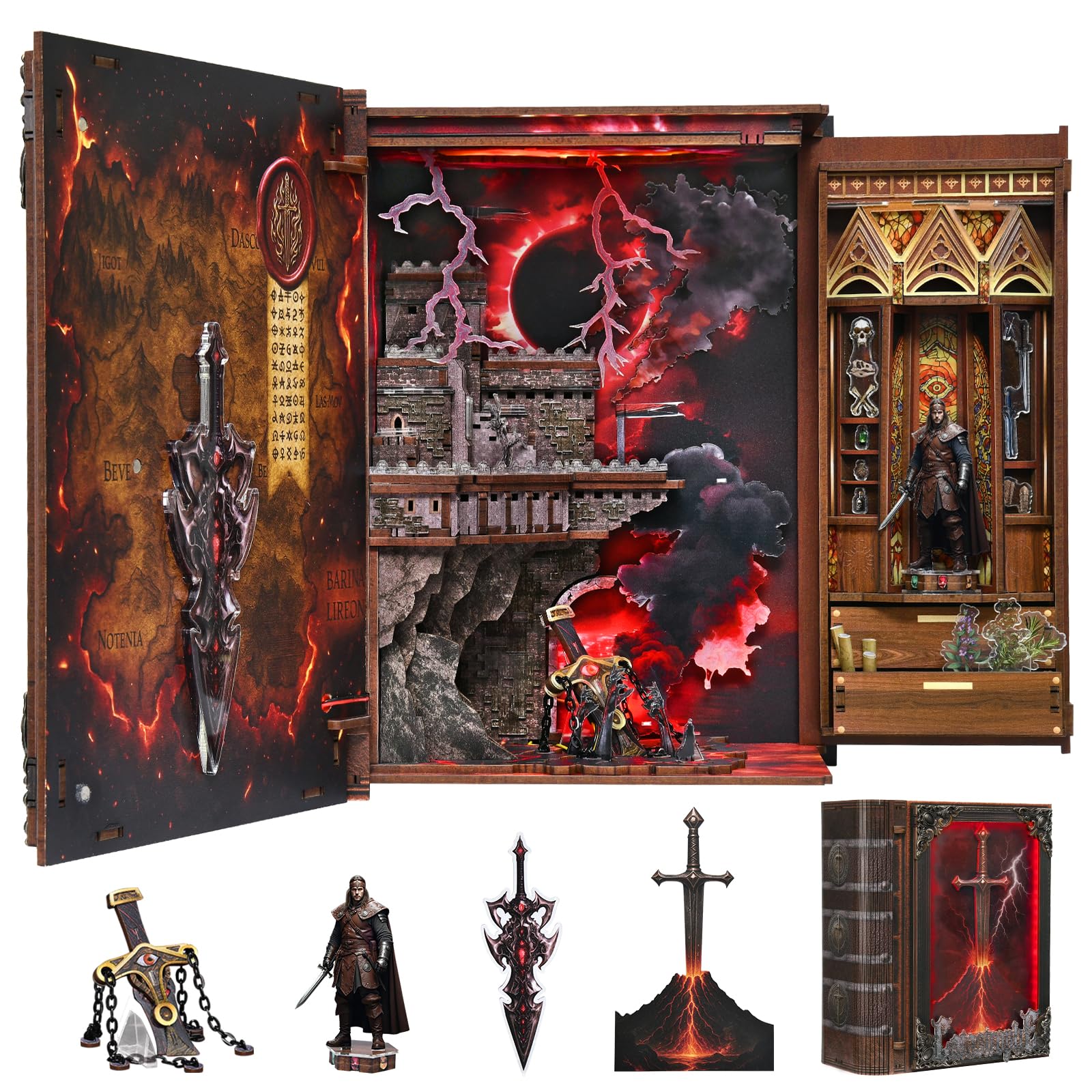 MiniCity Book Nook Kit, Dollhouse Booknook Bookshelf Insert Decor Magic DIY Miniature House Kit with Led Light Crafts for Adults and Teens to Build-Creativity Model Gift (The Sword of Fire)