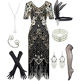 Women 1920s Plus V-Neck Sequin Art Deco Flapper Dress with 20s Gatsby Accessories Set