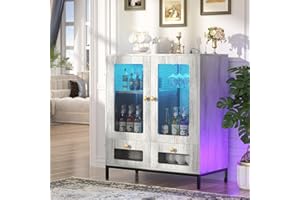 Hyomdeck Sideboard Buffet Cabinet with Storage, Wine Bar Cabinet with Power Outlet & LED Light, Kitchen Storage Cabinet with Drawers, Liquor Coffee Bar Cupboard Buffet Table for Dining Room, White Oak