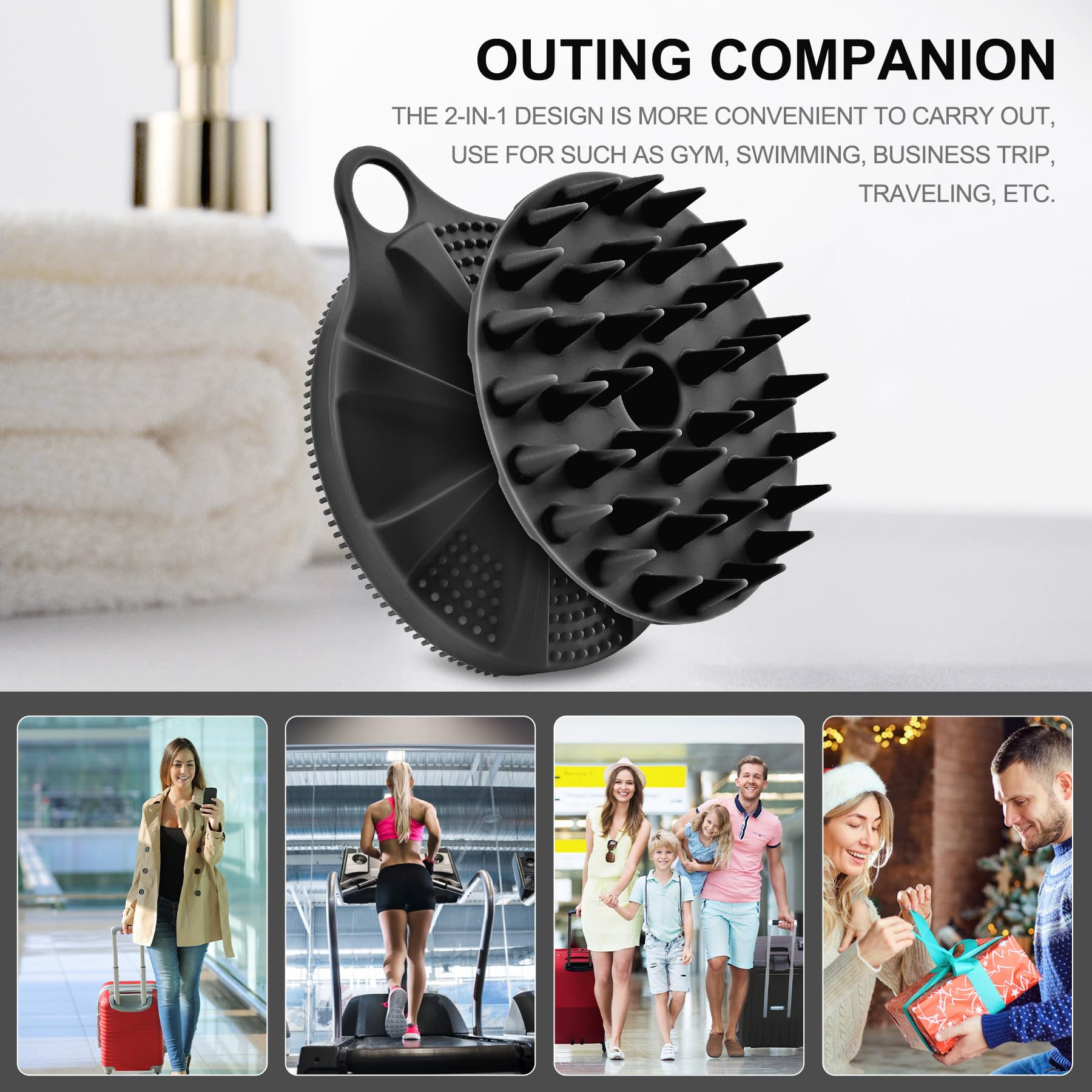 INNERNEED 2-in-1 Silicone Body Scrubber and Scalp Massager Shampoo Brush, Food-Grade Soft Material, More Hygienic, Easily Lather, Convenient for Travel, Gym, Business,etc (Black)