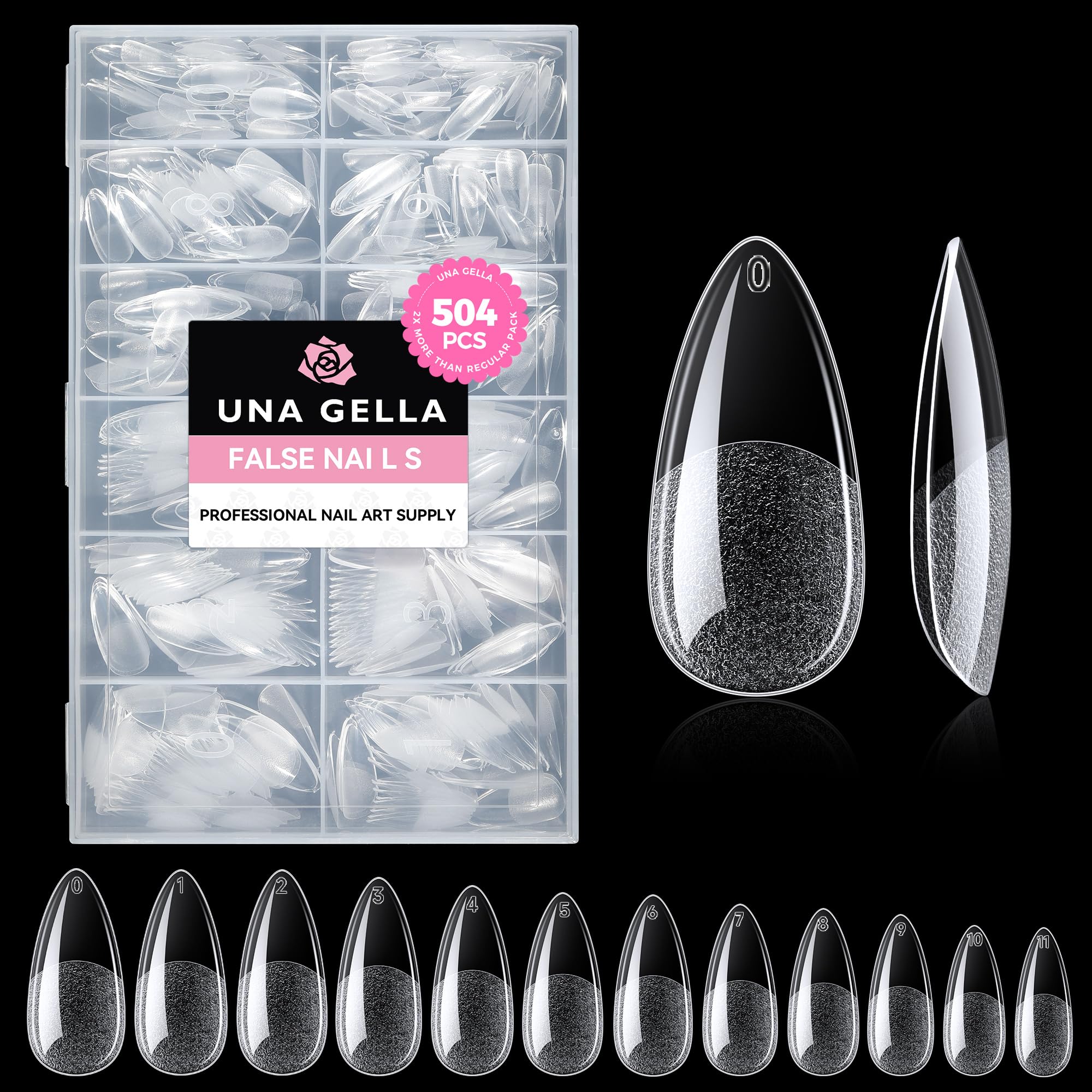 Photo 1 of UNA GELLA Almond Gel Nail Tips, 504PCS Pre Etched Clear Fake Nails Tips Medium Almond Shape - 12 Sizes Full Cover Soft Acrylic Press On Nail Extensions No C Curve Gift for Diy at Home