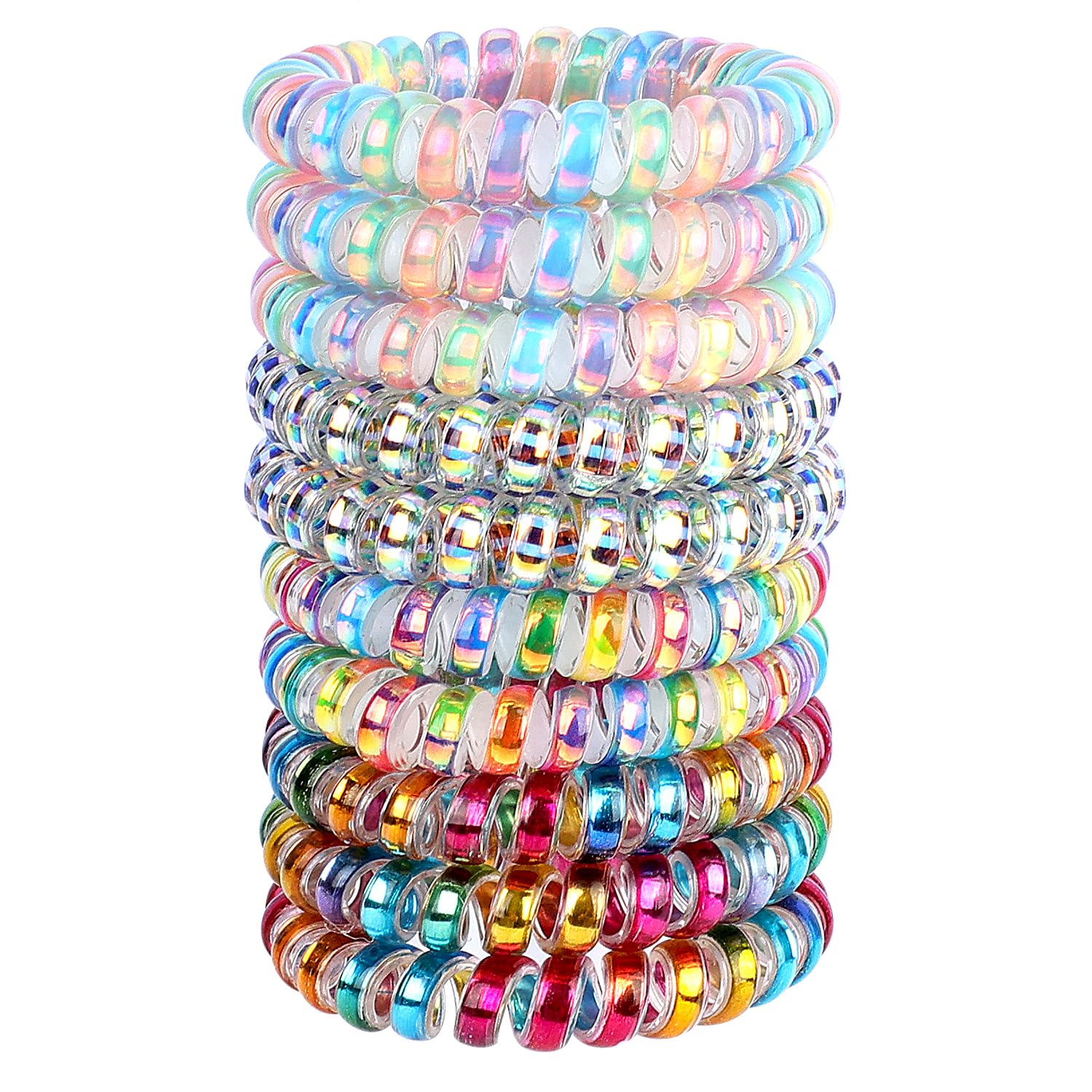JessLab Spiral Hair Ties, 10 Pcs Traceless Phone Cord Bracelet Plastic Coil Ponytail Holders No-Damage Accessory for Girls Women Ladies, Color Assorted, Set 39