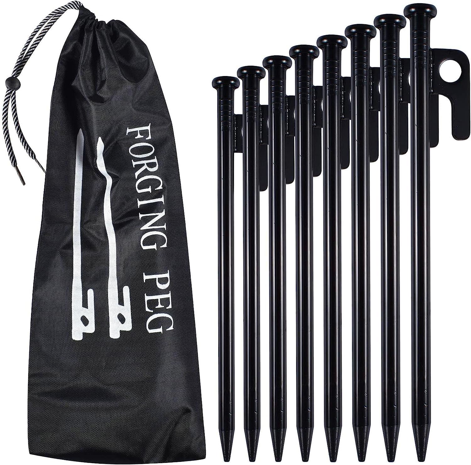 Qooloo 8 PCS Forged Steel Tent Pegs, 20cm Camping Tent Stakes, Forged Steel Camping Tent Stakes with Hook and Hol for Gardening,Christmas and Halloween Outdoor Tent Event Use (Black)
