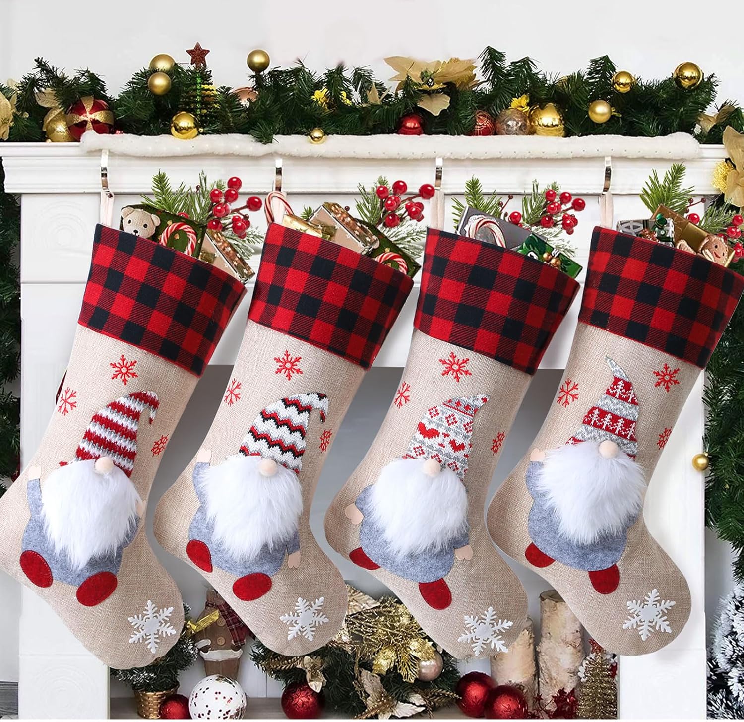 Stockings & Holders - Loozykit 4PCS Christmas Stockings 16 Inch Large Xmas Stocking Buffalo Plaid Hanging Stocking for Fireplace Santa Snowman Reindeer Ornament Socks for Family Holiday Party Christmas Decorations (C)