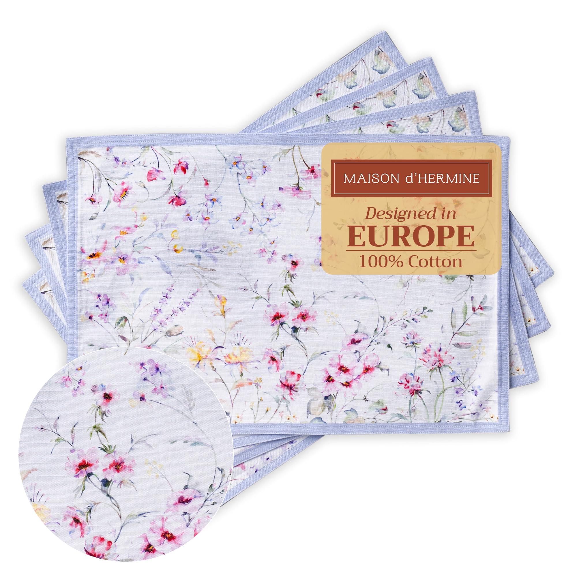 Maison d' Hermine Placemats Set of 4 100% Cotton Washable Cloth Place Mats, Reusable Table Mats for Kitchen Dining Decoration, Party, Wedding, Restaurant Spring/Summer (Summer Floral, 13" x 19") Image