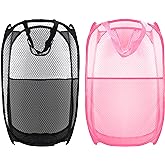 Buyongwant Collapsible Pop Up Laundry Hamper, Extra Large Mesh Foldable Laundry Basket Bag, 28" x 16" x 16", 2 Pack (Black + Pink)
