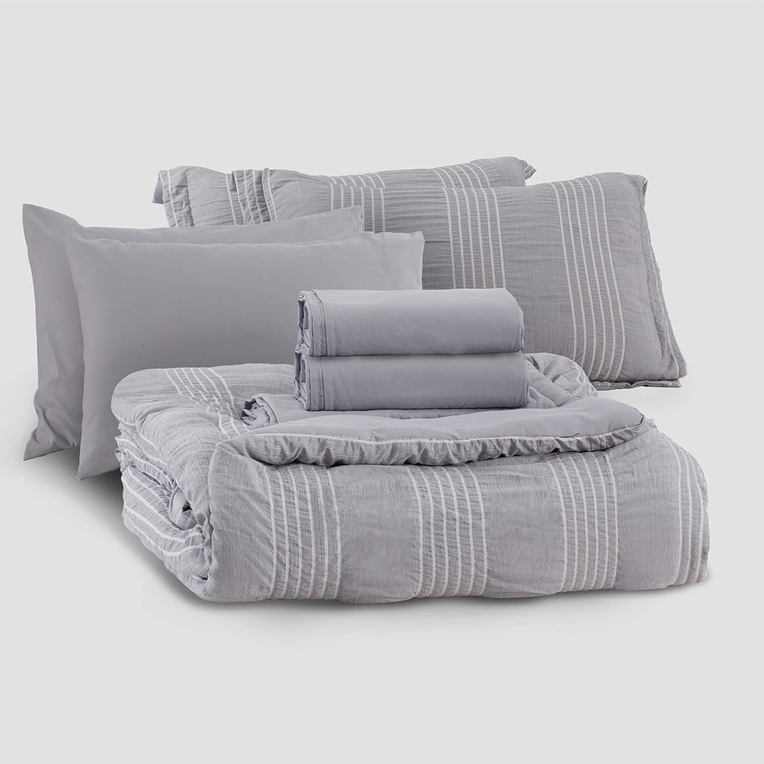 Bedsure Full Queen Comforter Set 8 Piece Bed in A Bag Stripes Seersucker Soft Lightweight Down Alternative Grey Bedding Set 88x88 inch: Kitchen & Dining