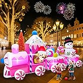 Kalolary 11FT Long Christmas Inflatable Train Outdoor Decoration,Pink Christmas Train Inflatables with Gingerbread Man Snowman Xmas Blow Up Yard Decorations with Built-in Lights for Garden Lawn Decors