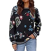 Ezcosplay Women Space Graphic Knit Sweater Crewneck Long Sleeve Vintage Galaxy Planet Pullover Knitwear