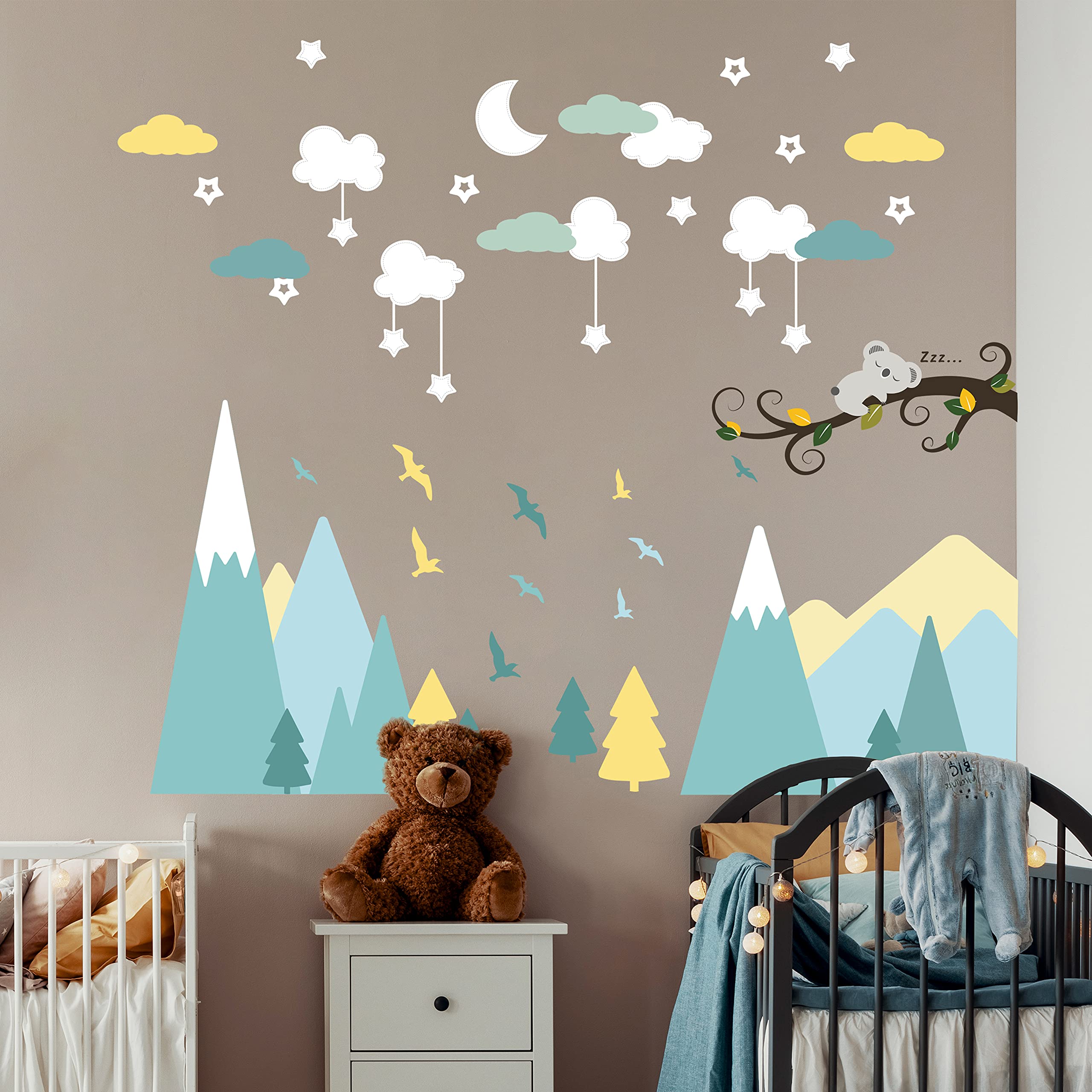 WALPLUS 107 Pieces Sleepy Mountains Wall Stickers Mural Art Vinyl Nursery Decorations for Living Room Kids Bedroom Decors Home Removable DIY Wall Decals Hotels Cafe Office Decors