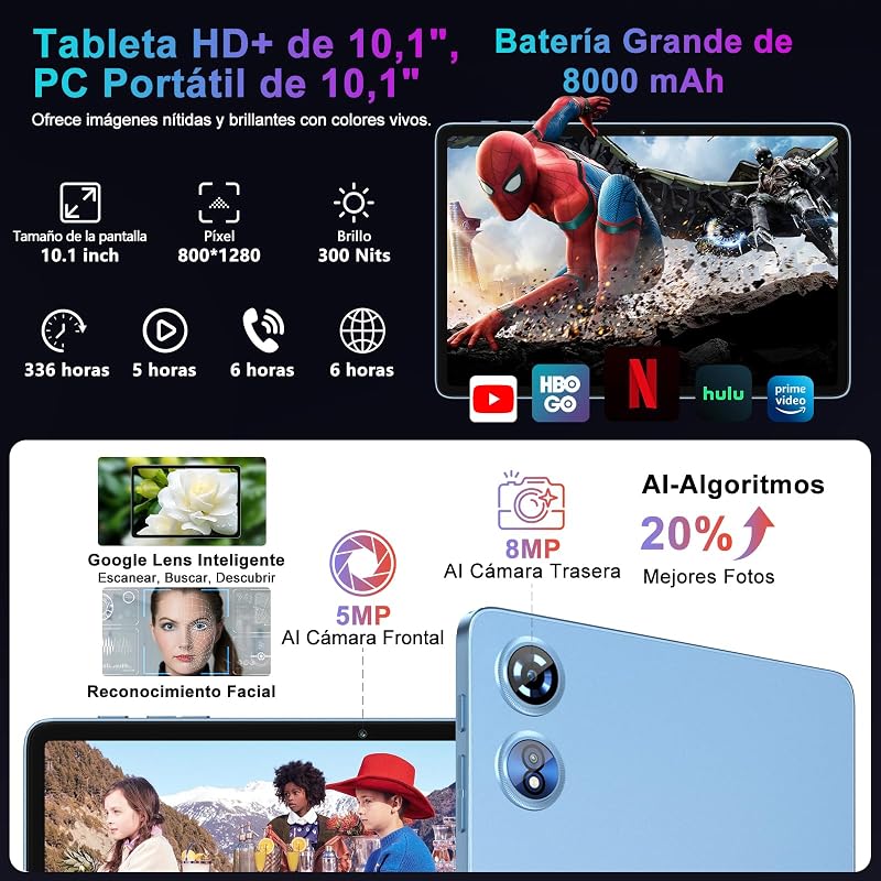 2026 Tablet 10 Pulgadas Android 15 con Gemini AI, 30GB RAM + 128GB ROM（TF 2TB）, Octa-Core 2.0GHZ, 8000mAh, GMS, Widevine L1, 5G WiFi 6 & BT 5.0, GPS, OTG, Tablet con Teclado y Raton-Azul — foto 7 de 8