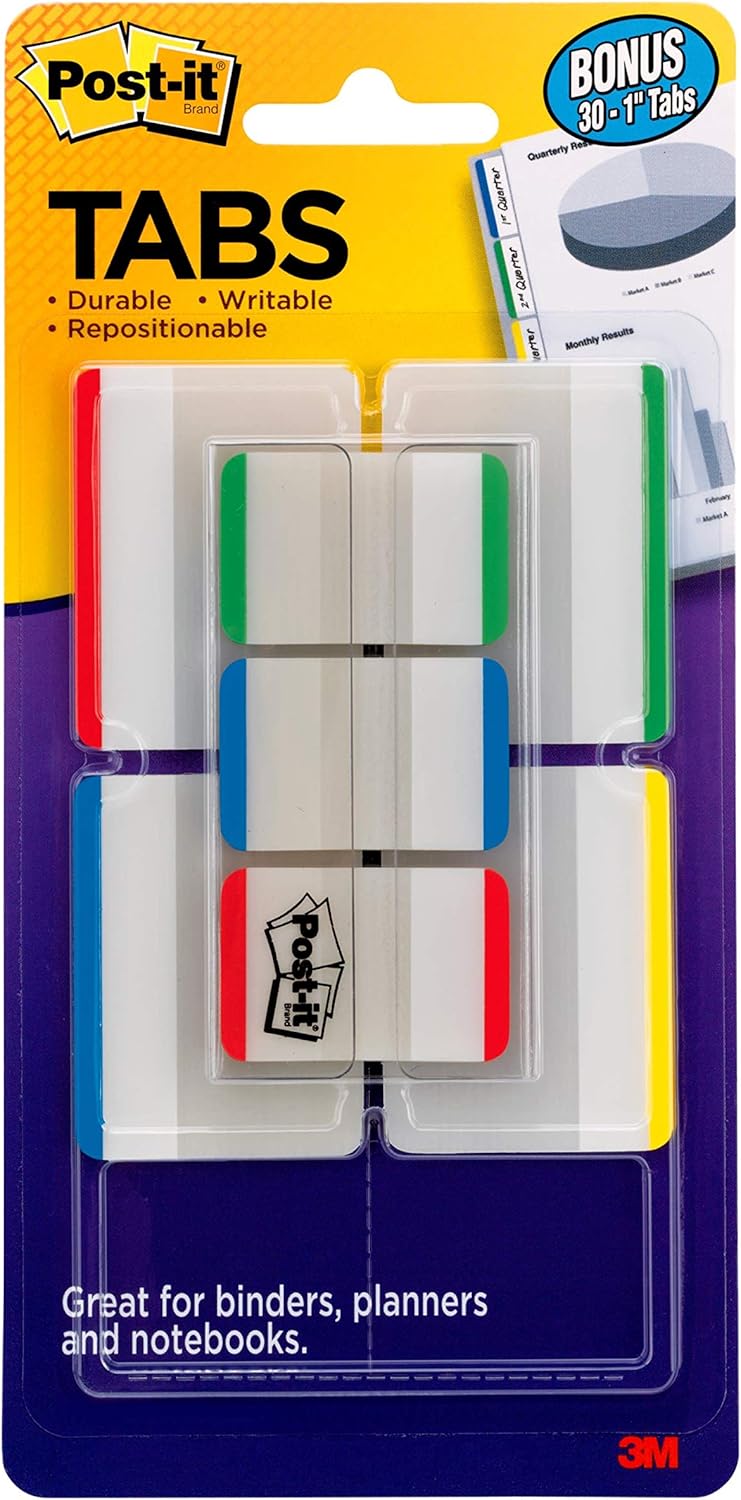 Post-it Tabs Value Pack, Asst Primary Colors, Durable, Writable, Repositionable, Sticks Securely, Removes Cleanly, 1 in. and 2 in. Sizes, 114 Tabs/Pack, (686-VAD1) : Tape Flags : Office Products
