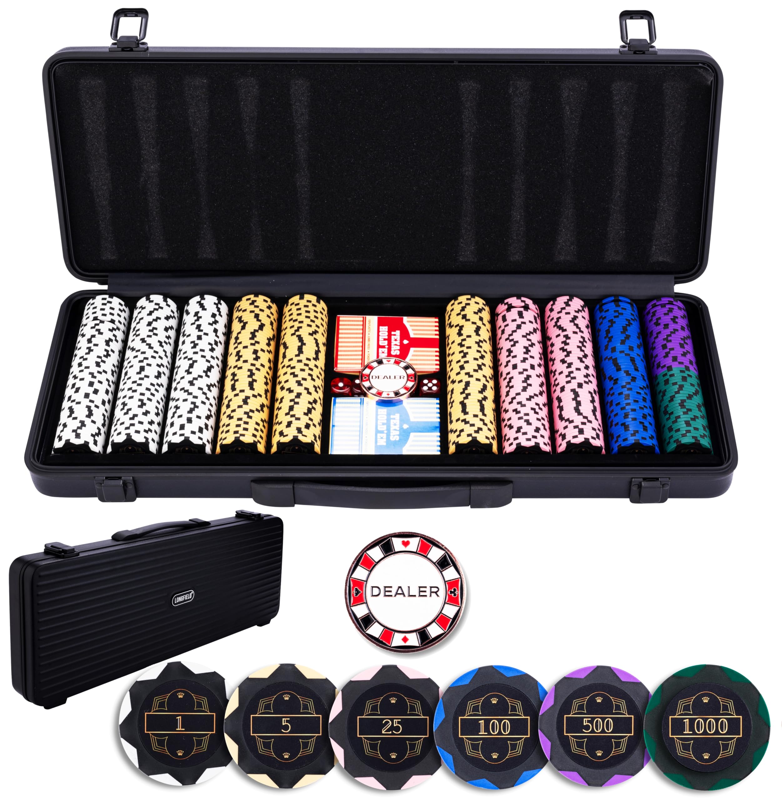 Engelhart - 320961 - Poker Set - Black Metal Case - 500 14g Numbered Chips (1 to 1000) + 2 Card Games, 1 Dealer Button, 5 Dice — image 1