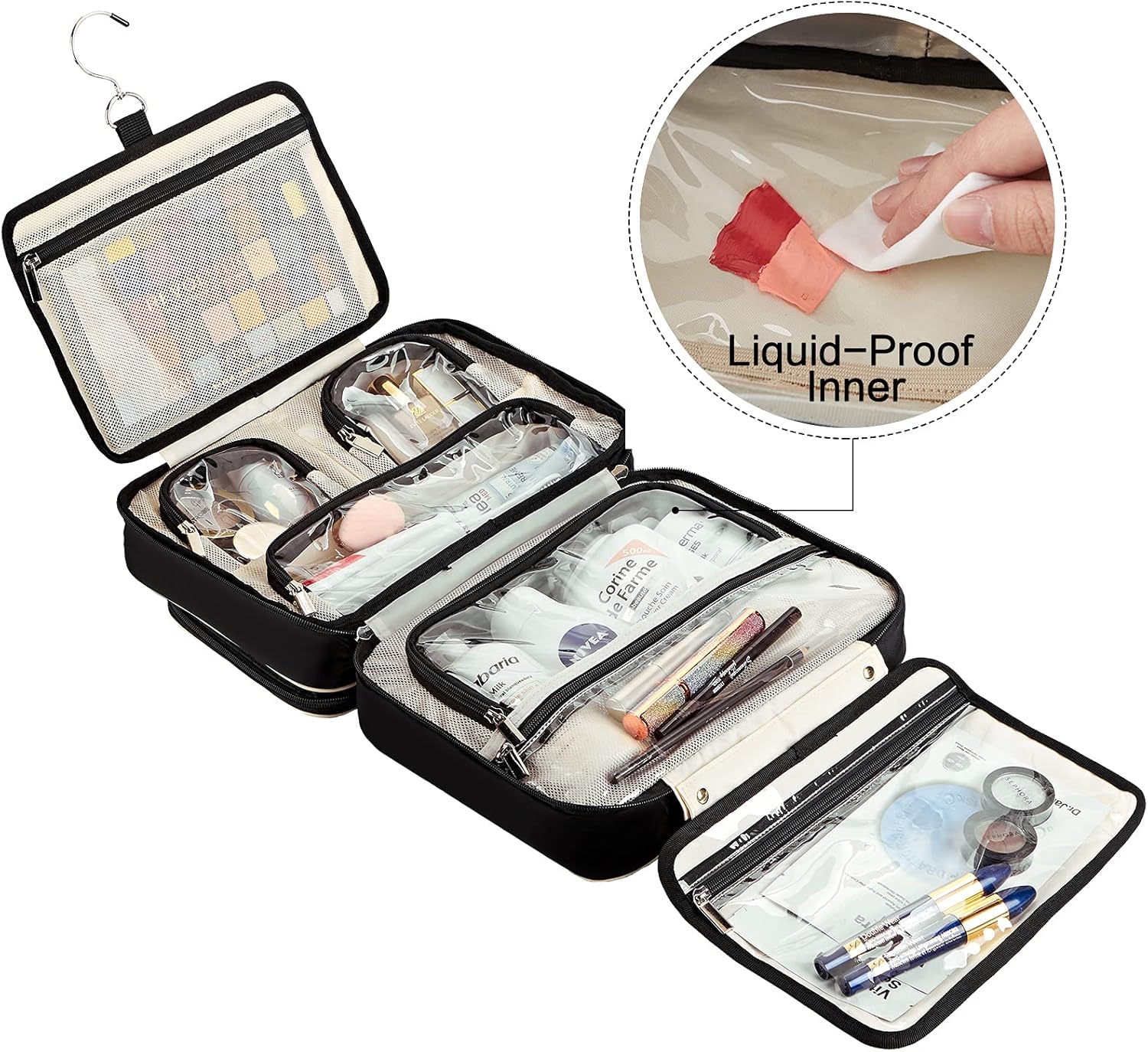 FINDCOZY Extra Large Toiletry Bag with Hanging Hook, Travel Makeup Case for Women, Cosmetic Organizer for Toiletries, Full-Sized Bottles, Beauty, Black