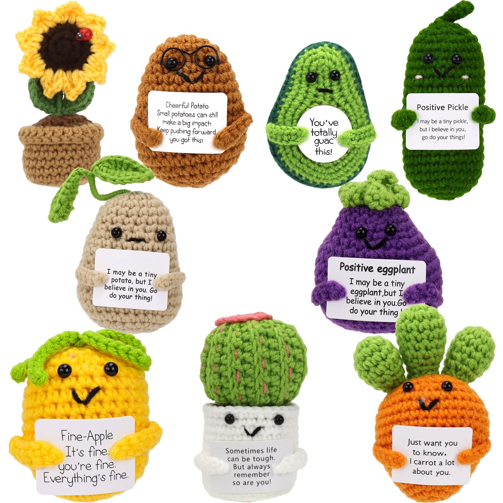Malloom 9 Pcs Positive Farm Animals Crochet with Inspirational Cards Tiny Employee Appreciation Gifts Bulk Cute Woodland Knitted Dolls for Women Coworker Birthday Party Supplies (Plants)