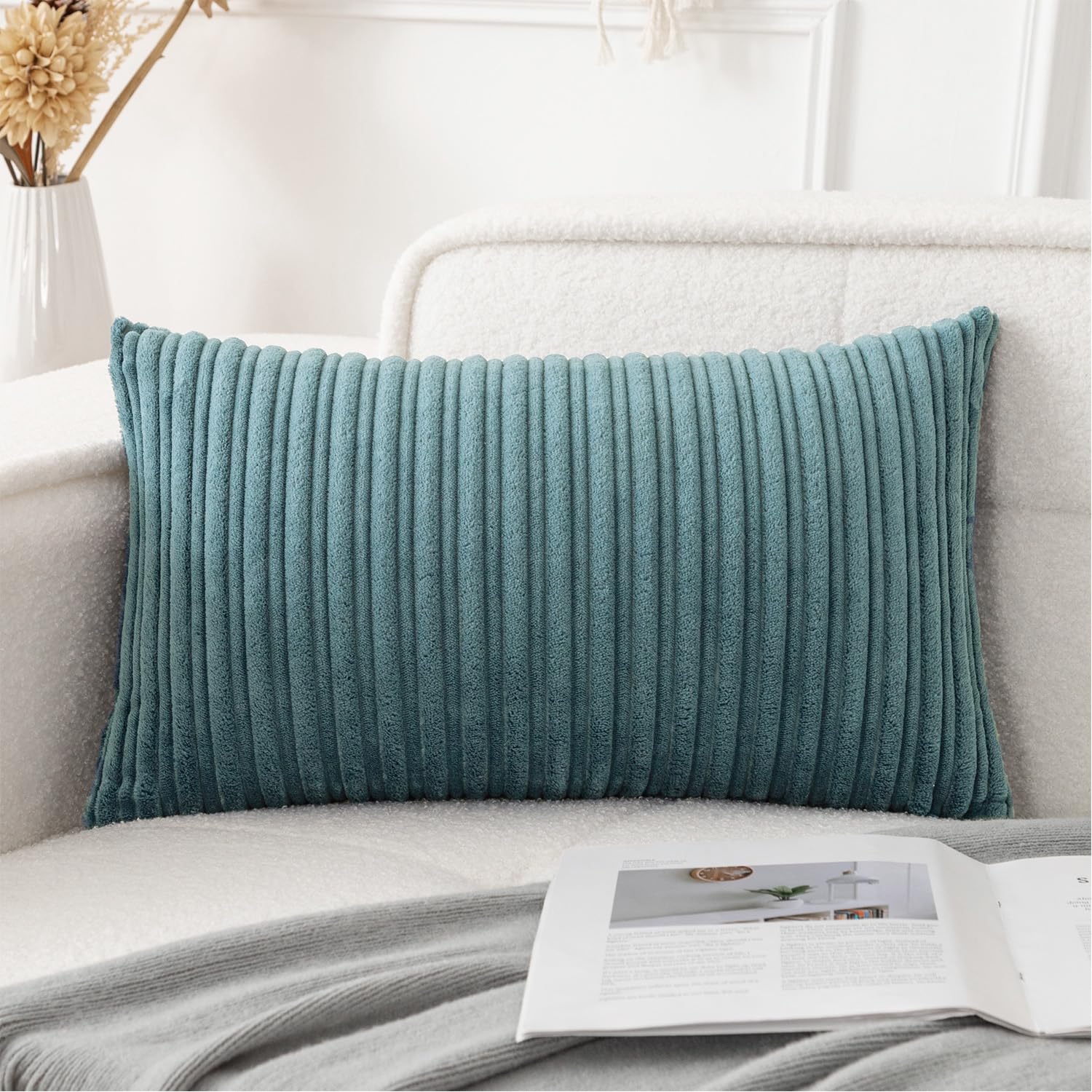Photo 1 of UGASA Velvet 12x20 Inch Lumbar Soft Throw Pillow Cover Boho Farmhouse Decorative Corduroy Striped Both Sides Solid Rectangular Cushion Case for Couch Bedroom Sofa Home, 1 Piece, Blue Grey