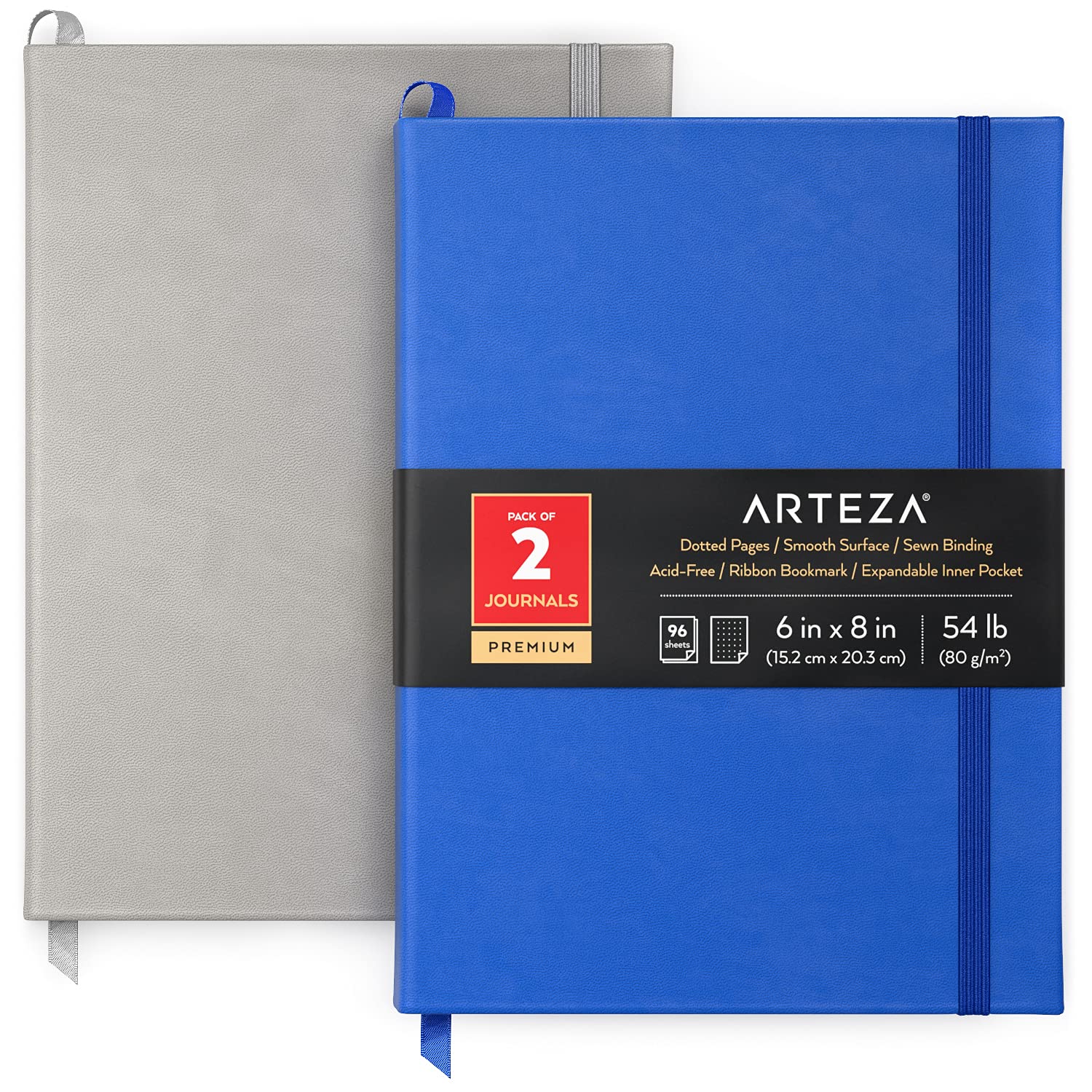ARTEZA Dotted Notebook, Pack of 2, 15.2 x 20.3 cm, 96-Sheet Hardcover Journals, Cobalt Blue and Grey, with 80-gsm Smooth Writing Paper for Bullet Journaling & Note Taking