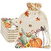 FYSUIMU 24 Pack Fall Burlap Bags Watercolor Leaves Pumpkin Gift Bags Orange White Linen Treat Goody Bag with Drawstring for Autumn Thanksgiving Party Favors