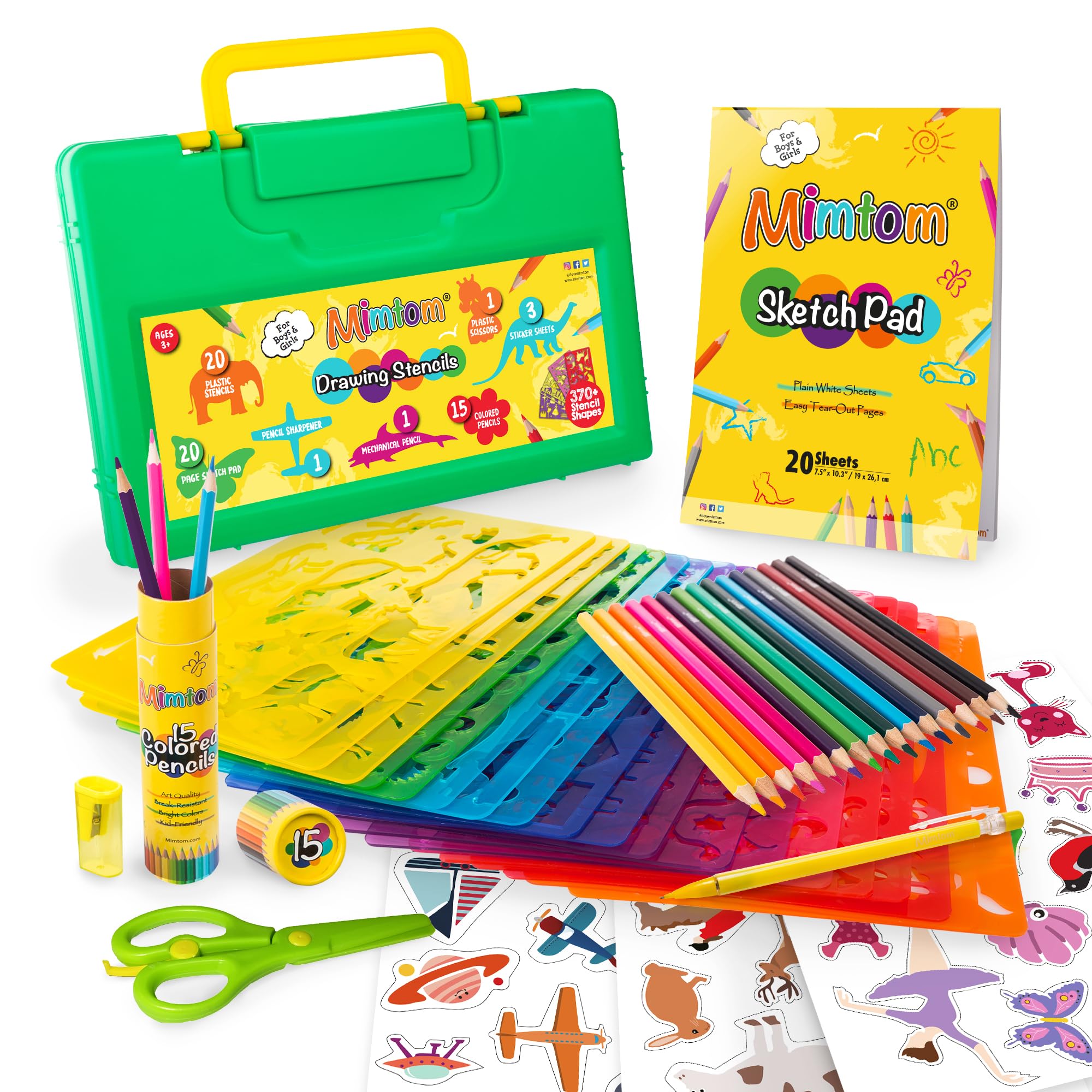 Mimtom Drawing Stencils for Kids | 60 PC Stencil Kit with Over 370 Shapes to Draw Imaginative Children's Stories | DIY Arts & Crafts Set with Animal, Dinosaur, Letter, Flower Stencils